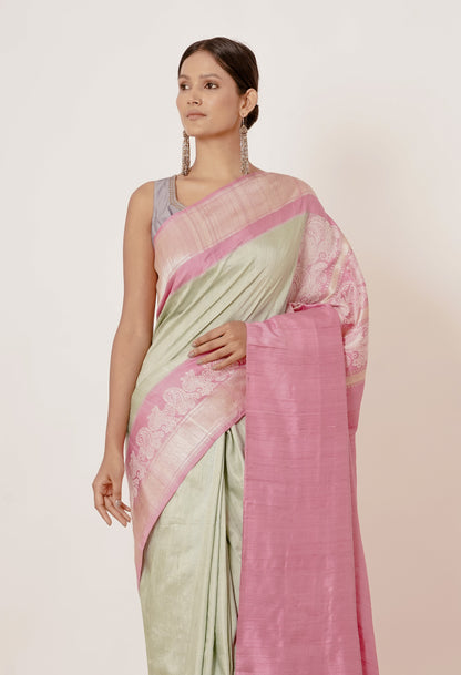 Pista Banarasi Silk Saree with Onion Pink Border