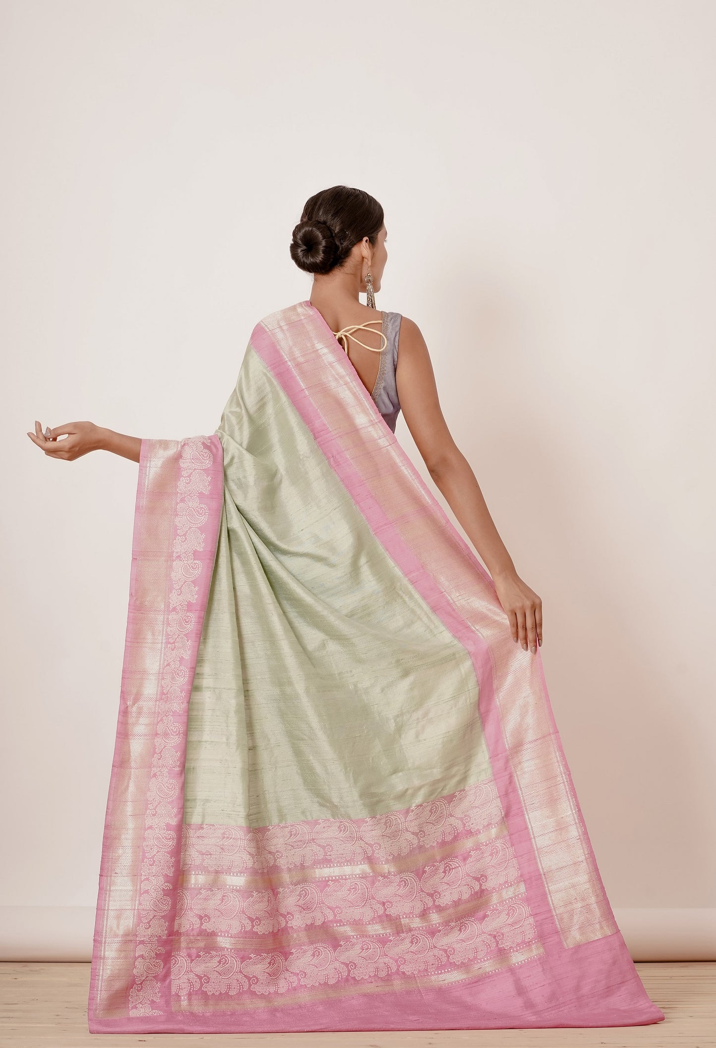 Pista Banarasi Silk Saree with Onion Pink Border