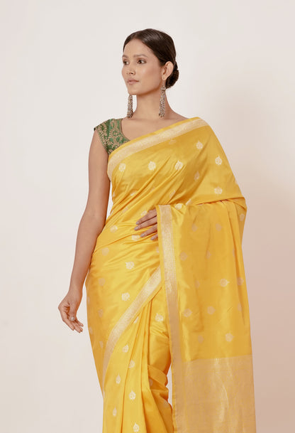 Yellow Banarasi Silk Saree with Bootas all over