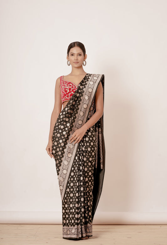 Black Banarasi Silk Saree with Silver Bootas all over and Velvet Red Blouse