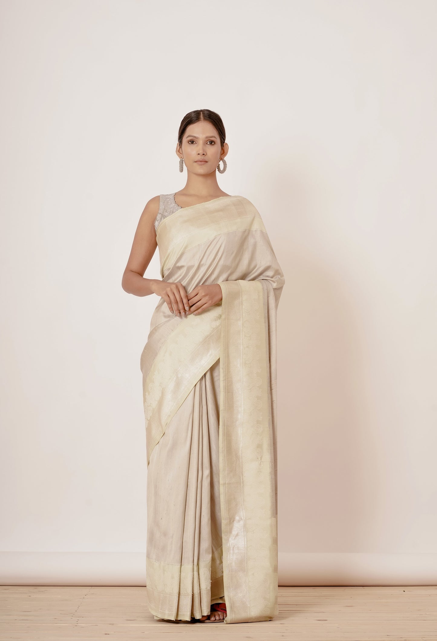 Ivory Grey Banarasi Saree with Pista Border with Grey Blouse