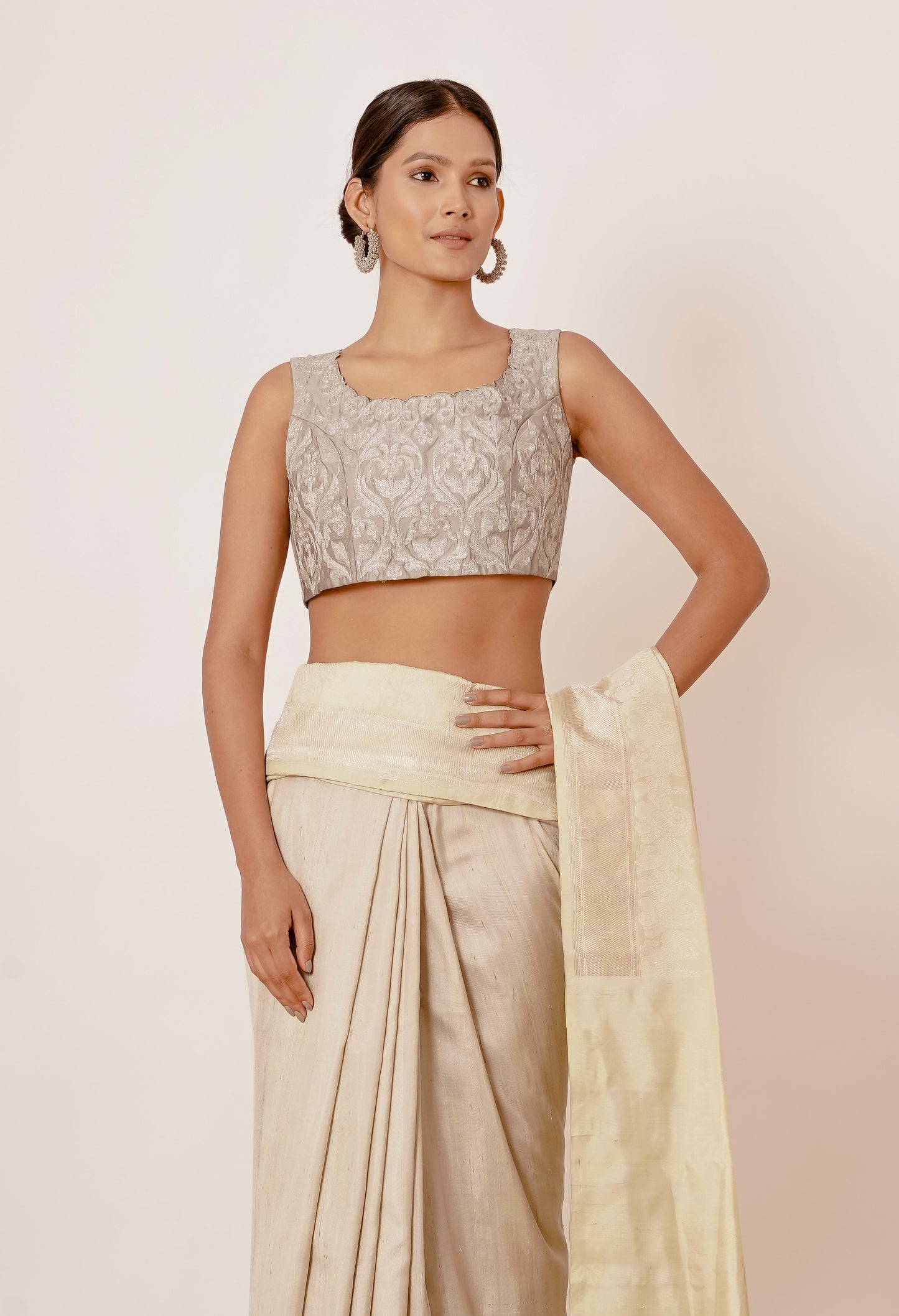 Ivory Grey Banarasi Saree with Pista Border with Grey Blouse