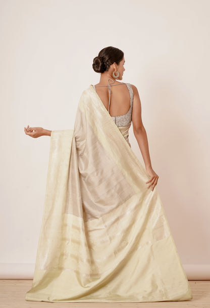 Ivory Grey Banarasi Saree with Pista Border with Grey Blouse