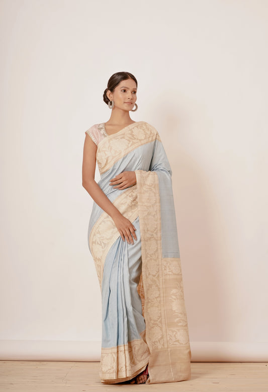 Light blue banarasi Silk Saree with Beige border