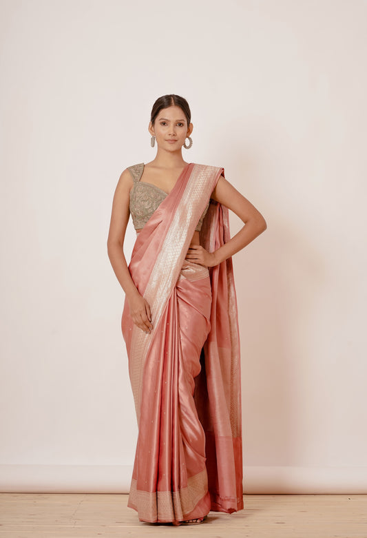 Dusty Peach Banarasi Gajji Silk Saree with Grey Blouse