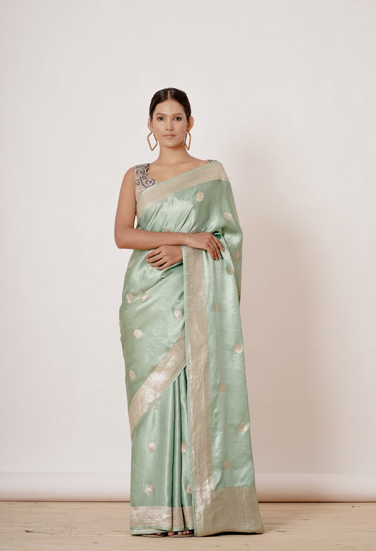 Dusty Blue Banarasi Gajji Saree with Gold Blouse