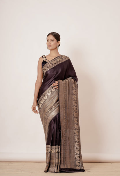 Coffee Dark Brown Black Banarasi Silk Saree with Velvet Coffee Blouse