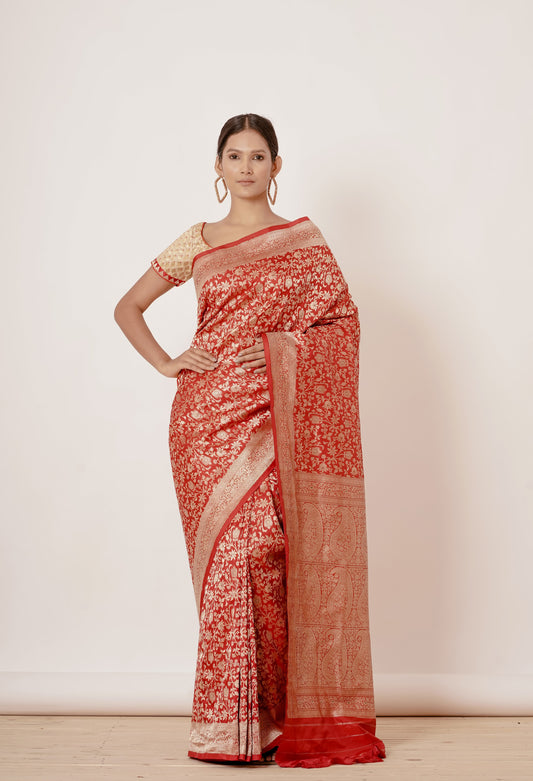 Red Ganarasi Silk Saree with Gold Backless Blouse