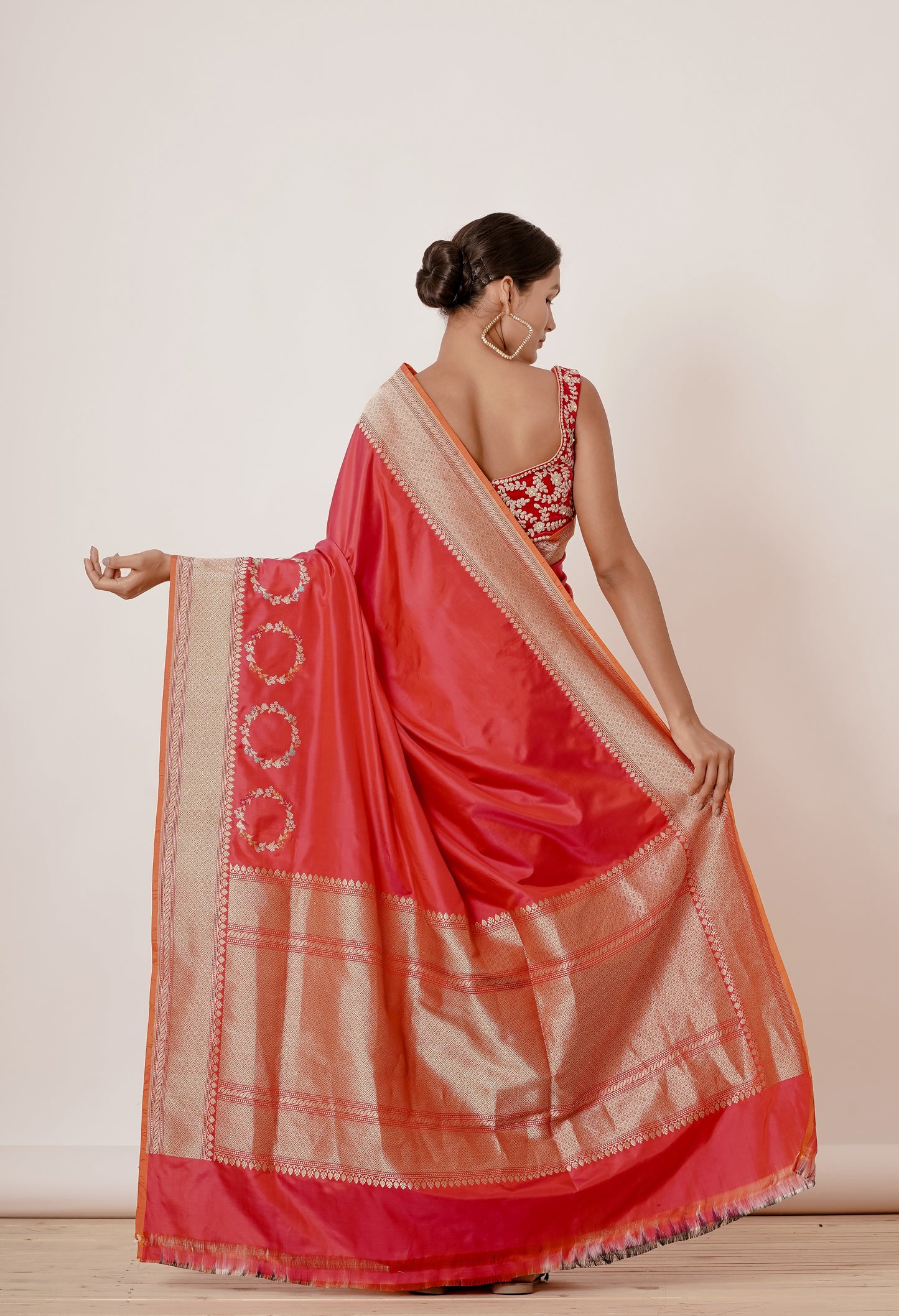 Red Bink Banarasi Silk Saree with Velvet Red Vlouse