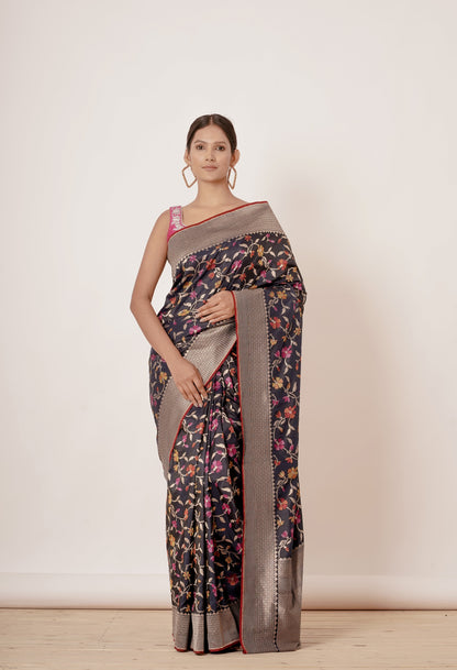 Navy Blue Black Banarasi Silk Saree with Pink Blouse