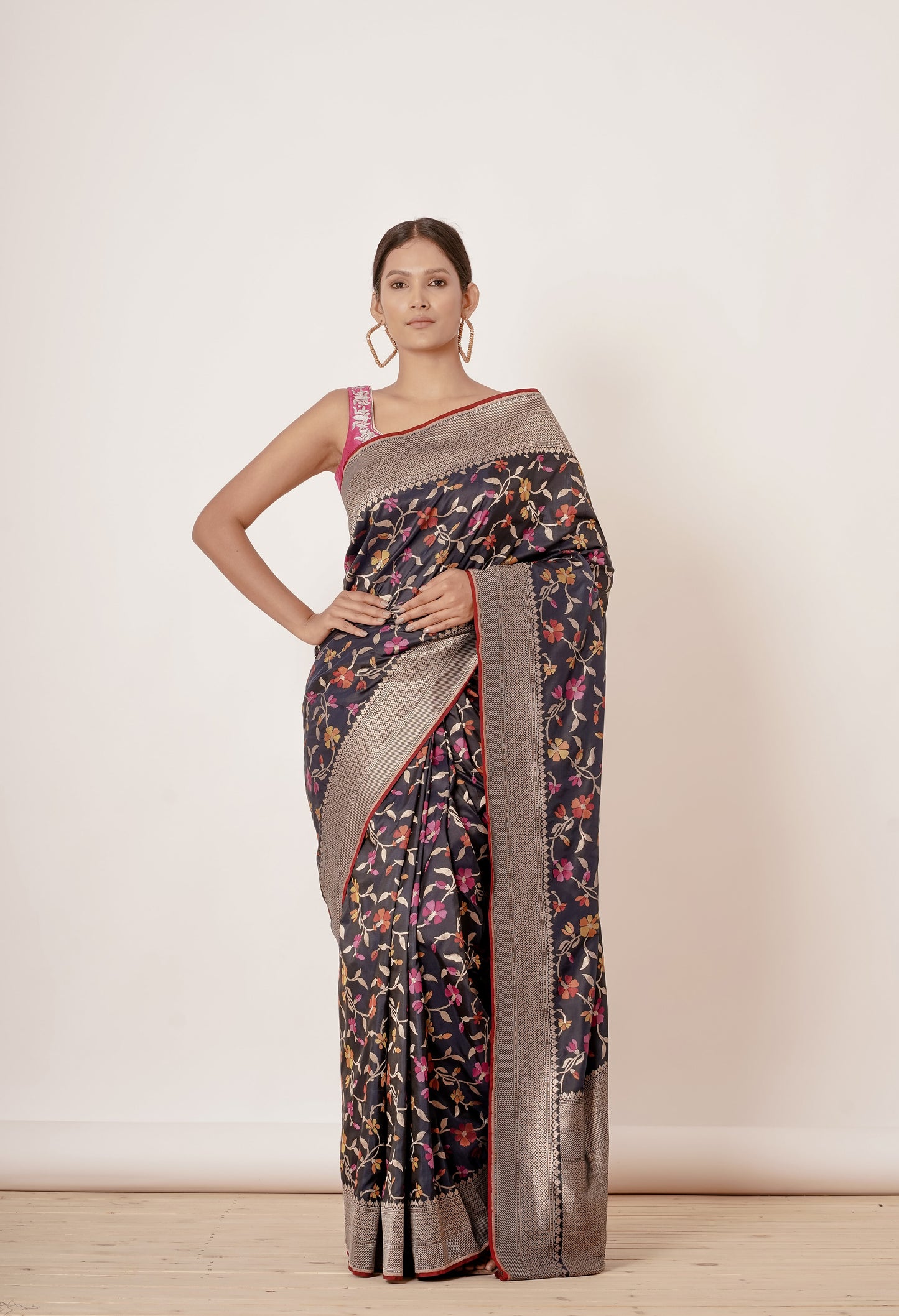 Navy Blue Black Banarasi Silk Saree with Pink Blouse