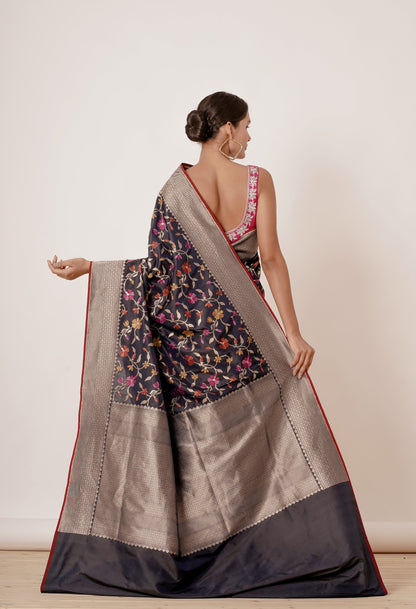 Navy Blue Black Banarasi Silk Saree with Pink Blouse