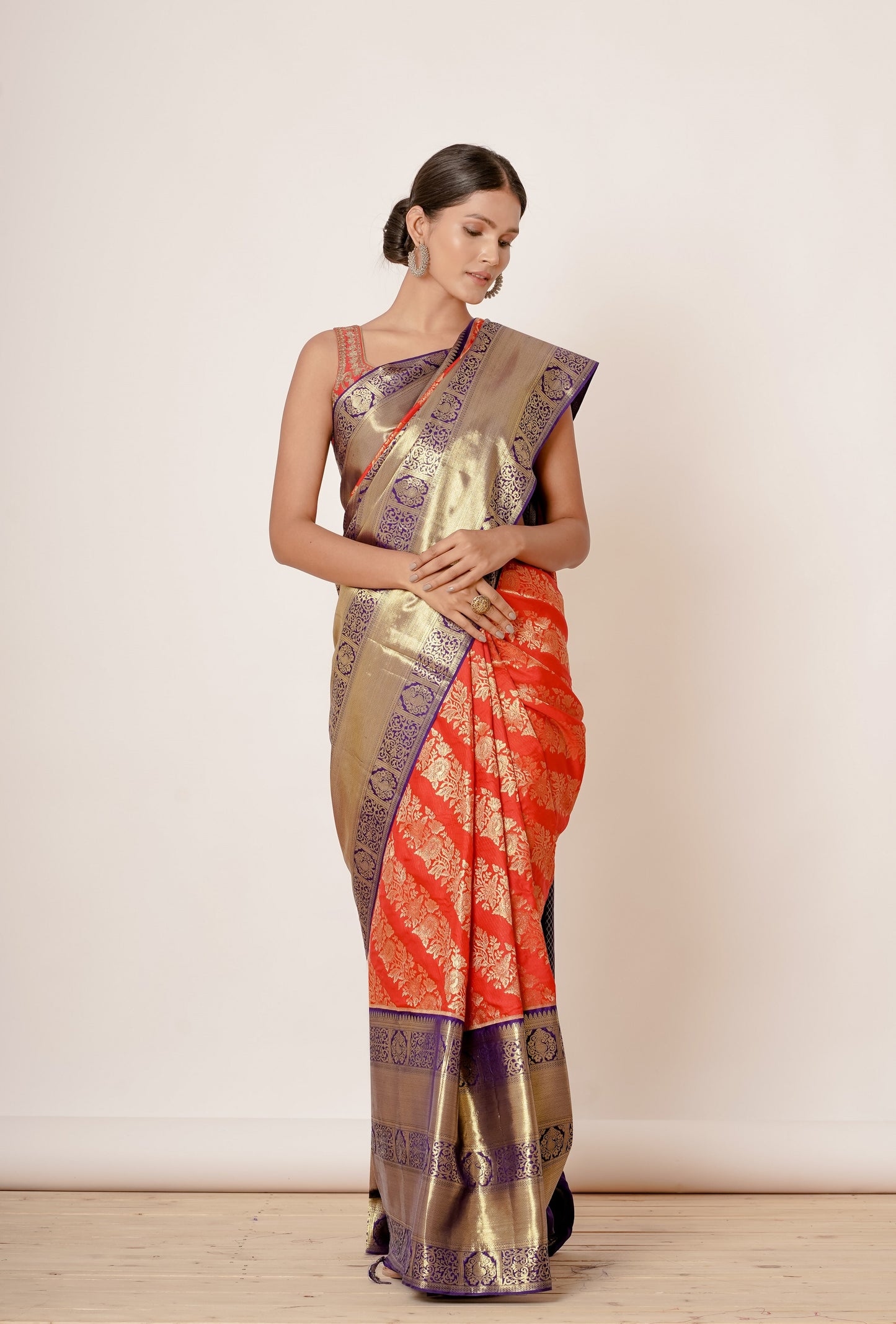 Cream and Gold Maheshwari Silk Saree with Navy Blouse Hand Block Printed Blouse