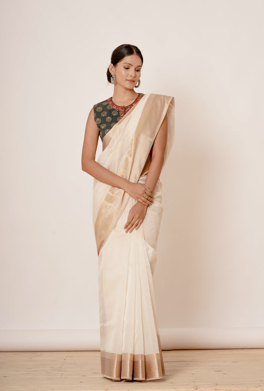 Cream and Gold Maheshwari Silk Saree with Navy Blouse Hand Block Printed Blouse