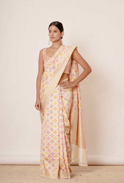 Ivory Banarasi Saree with Peach Blouse