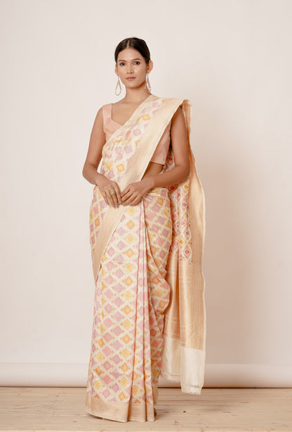 Ivory Banarasi Saree with Peach Blouse