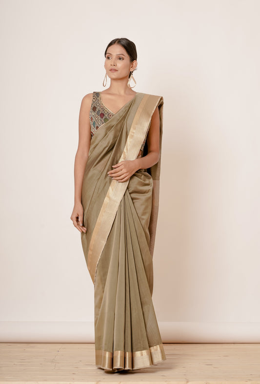 Dusty Green Maheshwari Saree with Brocade Blouse