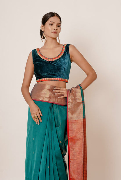 Teal Maheshwari Silk Saree with Blue Velvet Blouse