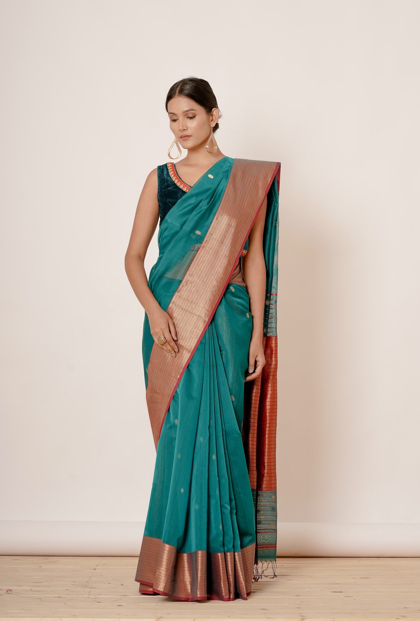 Teal Maheshwari Silk Saree with Blue Velvet Blouse