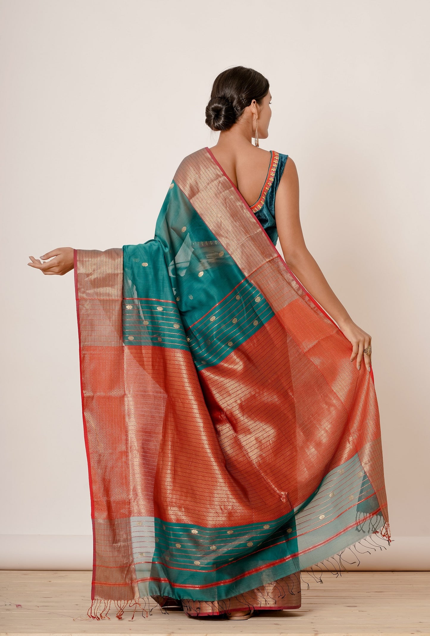 Teal Maheshwari Silk Saree with Blue Velvet Blouse