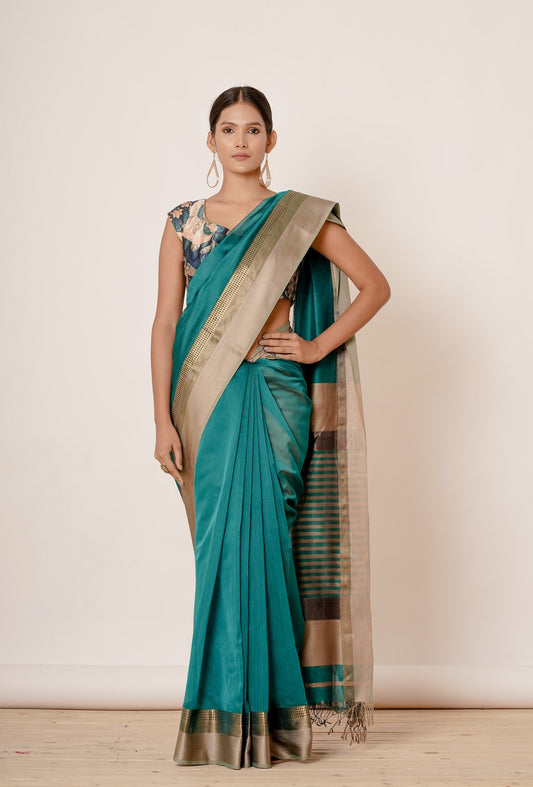 Teal Maheshwari Silk Saree with Digital Printed Blouse