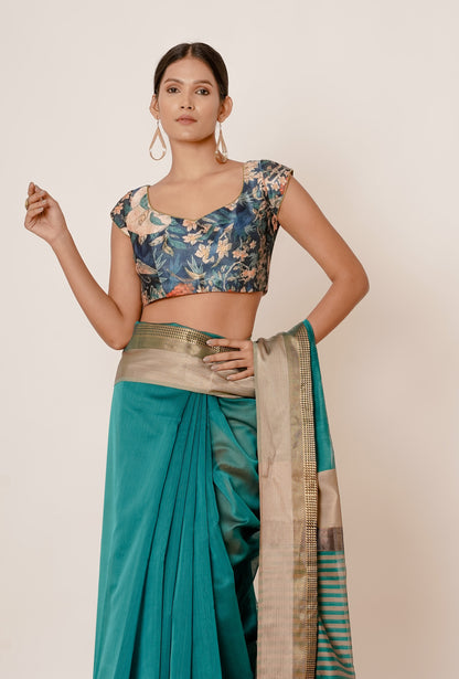 Teal Maheshwari Silk Saree with Digital Printed Blouse