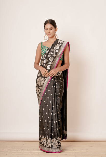 Black Banarasi Silk Saree with Blue Blouse