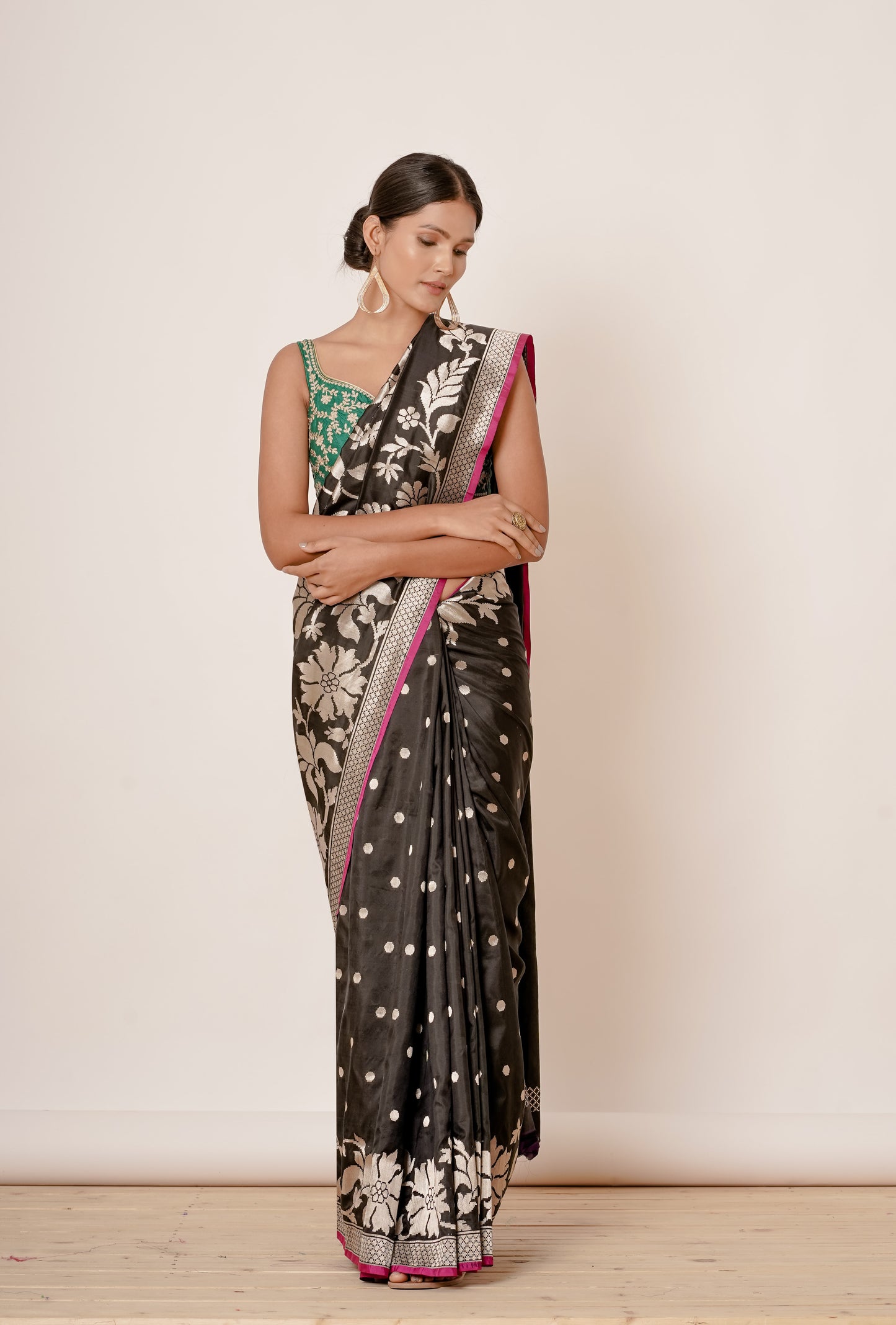 Black Banarasi Silk Saree with Blue Blouse