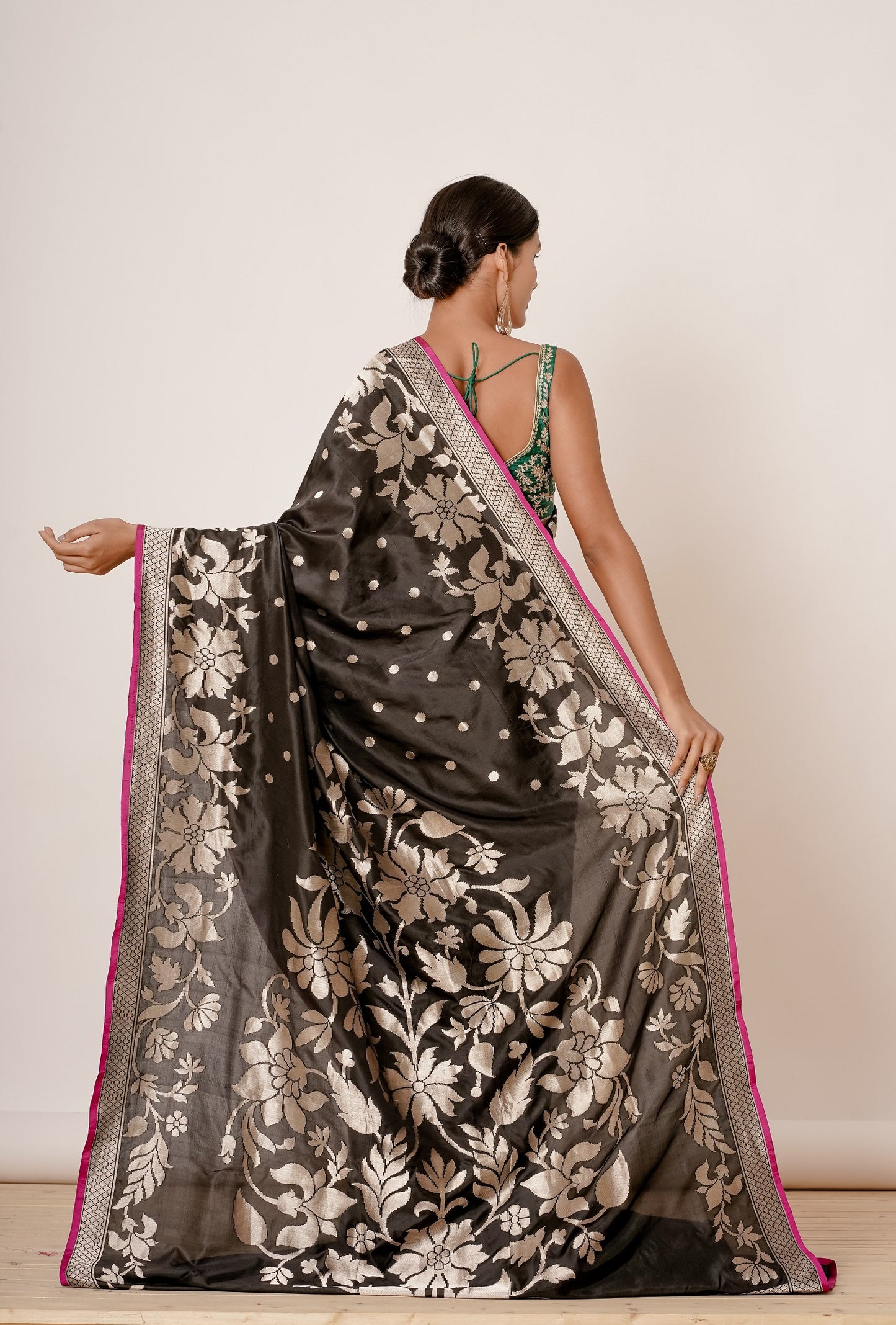 Black Banarasi Silk Saree with Blue Blouse