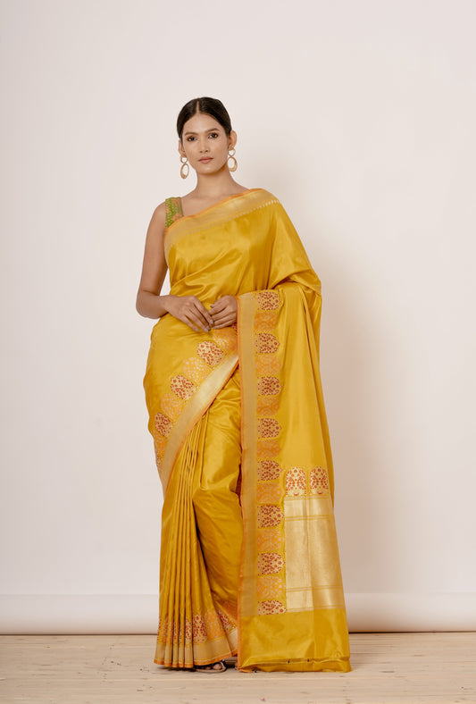 Gold Banarasi Silk Saree with Zari Motifs and Floral Motifs Digital Print all over