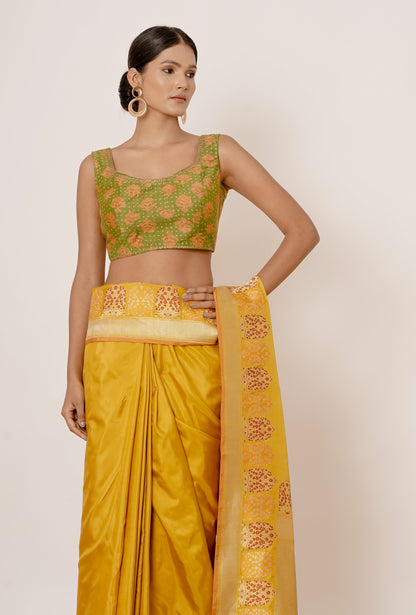 Gold Banarasi Silk Saree with Zari Motifs and Floral Motifs Digital Print all over