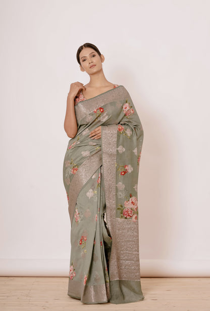 GREY BANARASI SARI