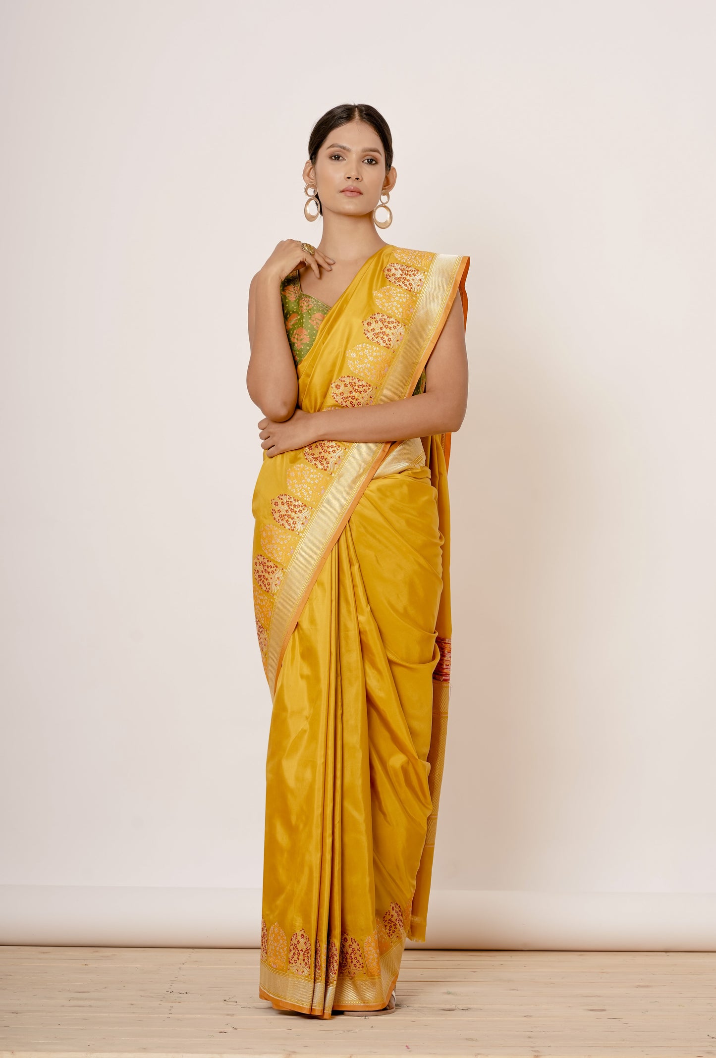 Gold Banarasi Silk Saree with Zari Motifs and Floral Motifs Digital Print all over