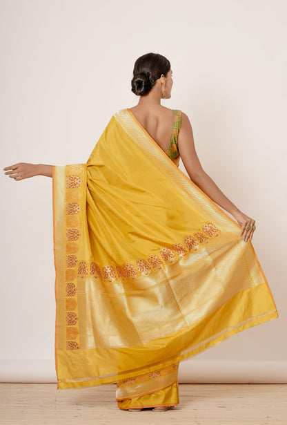 Gold Banarasi Silk Saree with Zari Motifs and Floral Motifs Digital Print all over