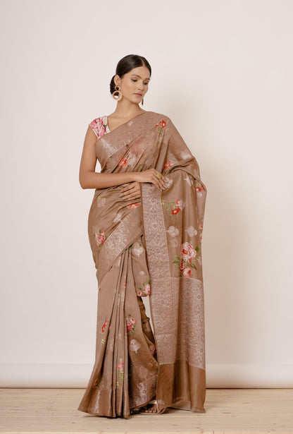 Light Peach Saree with Gold Floral Embroidered Blouse