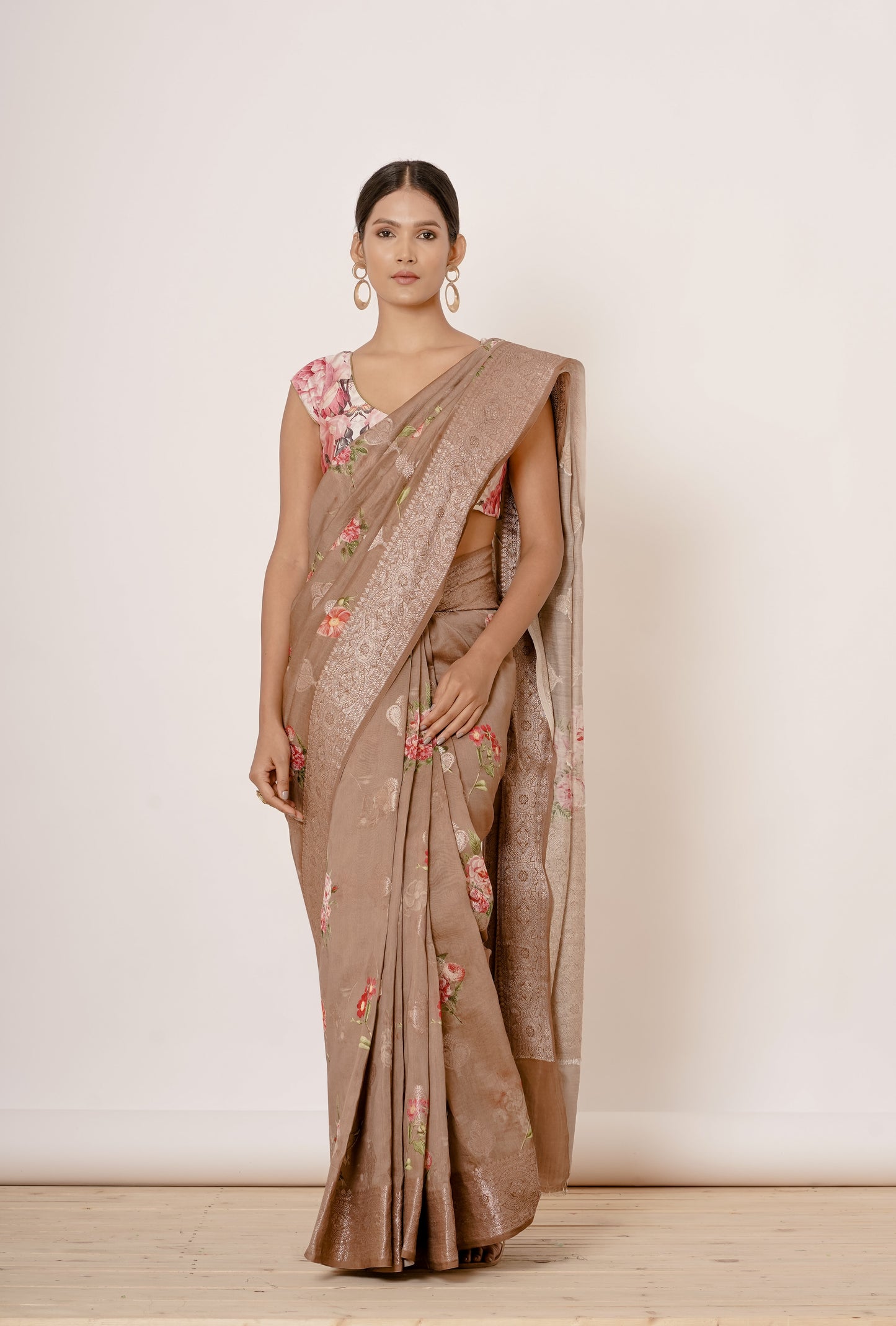 Light Peach Saree with Gold Floral Embroidered Blouse