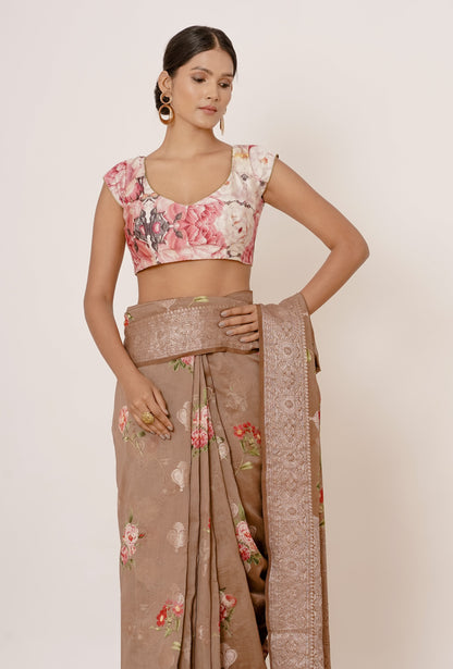 Light Peach Saree with Gold Floral Embroidered Blouse