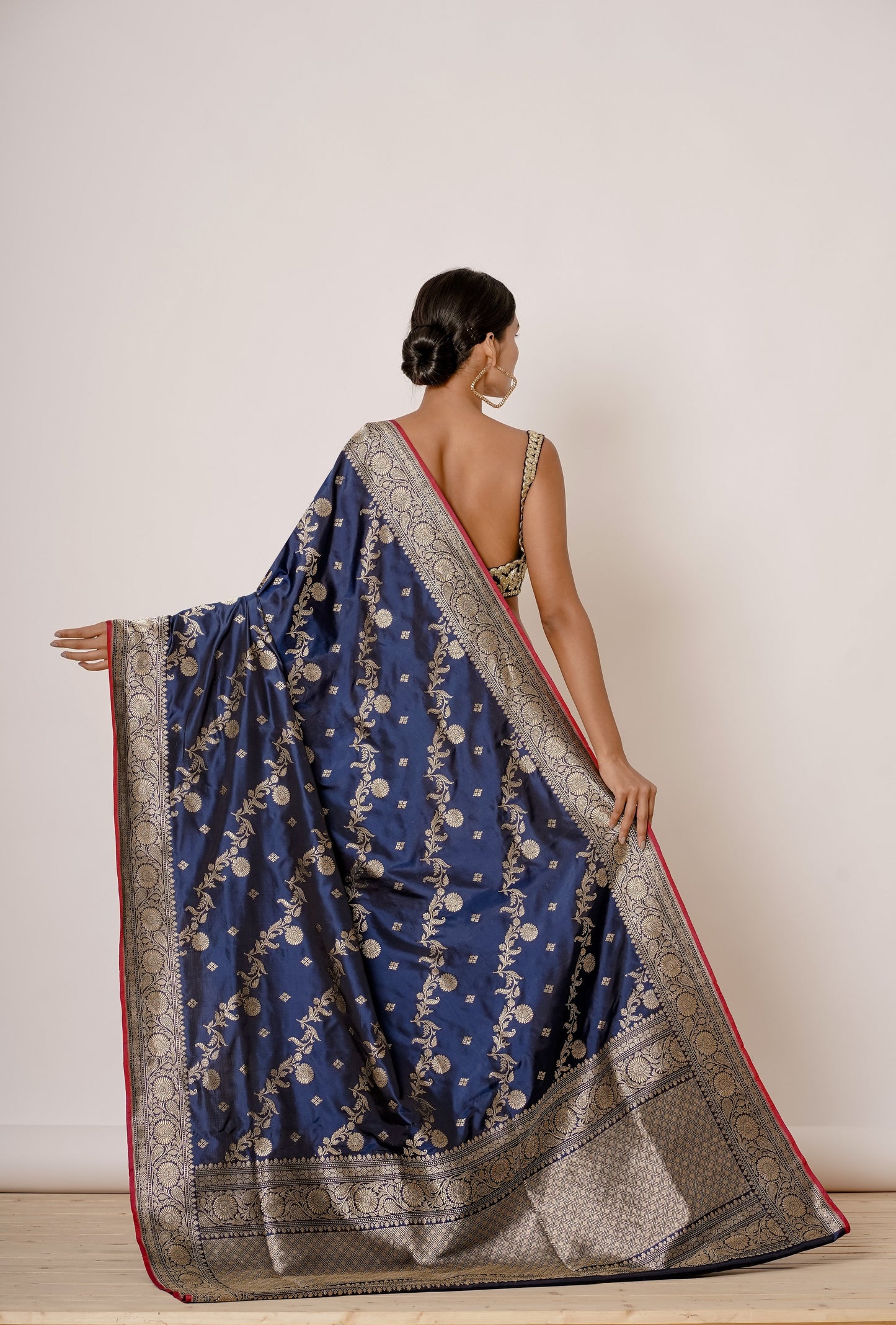 Dusty Blue Banarasi Silk Saree with Magenta Blouse with Applique work