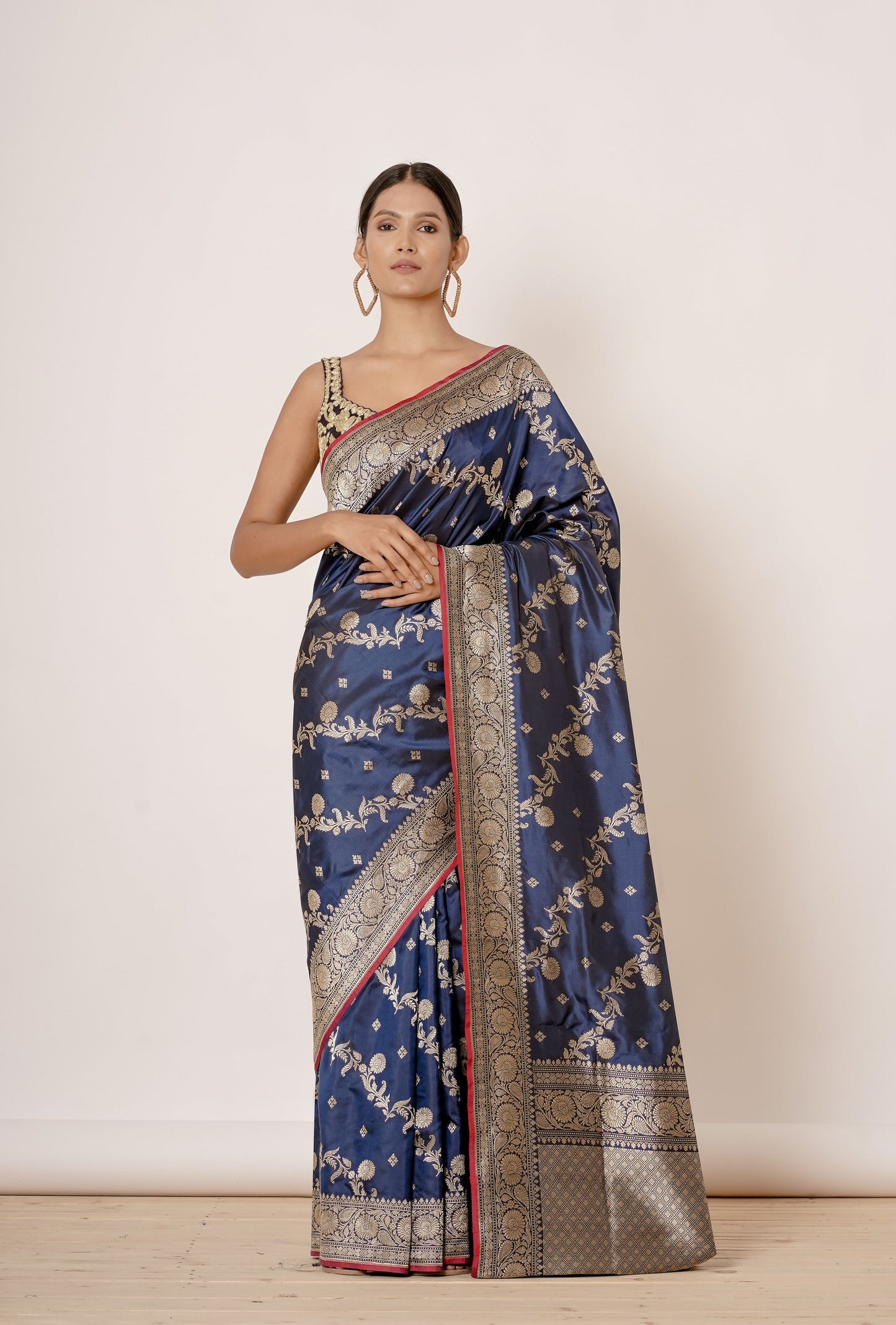 Dusty Blue Banarasi Silk Saree with Magenta Blouse with Applique work