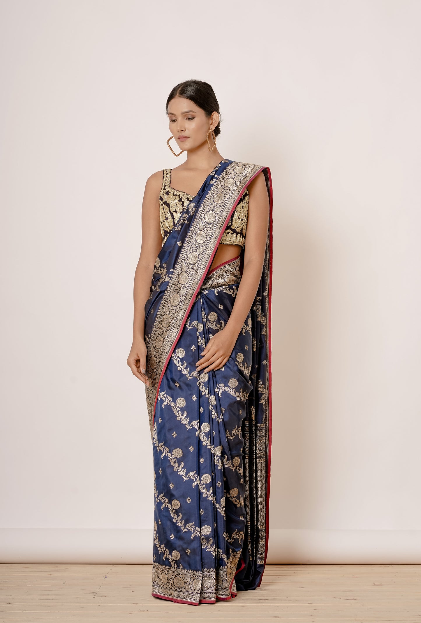 Dusty Blue Banarasi Silk Saree with Magenta Blouse with Applique work