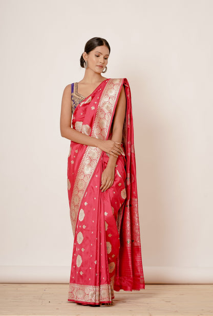 Brick Red Dharmawaram Saree with thick Navy Border in Gold Zari