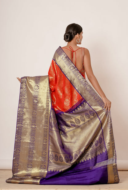 Cream and Gold Maheshwari Silk Saree with Navy Blouse Hand Block Printed Blouse