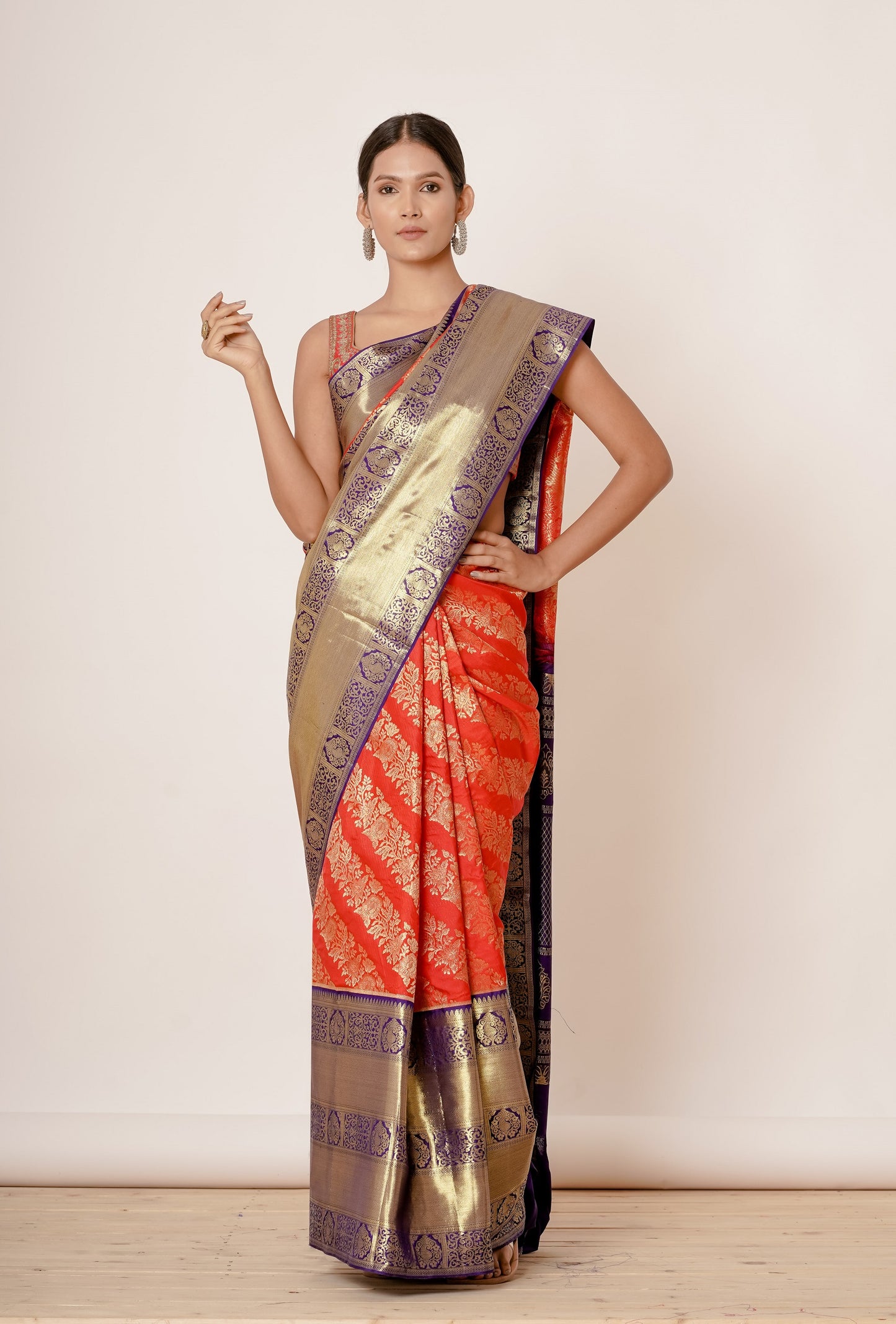 Cream and Gold Maheshwari Silk Saree with Navy Blouse Hand Block Printed Blouse