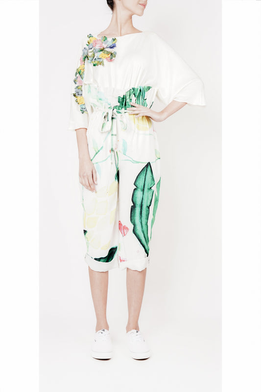 White Embroidered Top with Printed flared pants