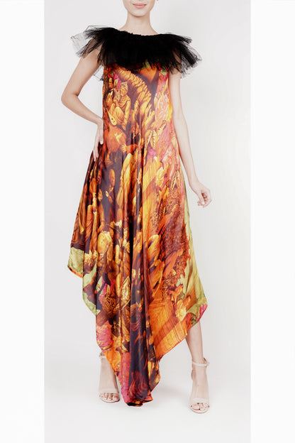 Long printed orange dress with frill