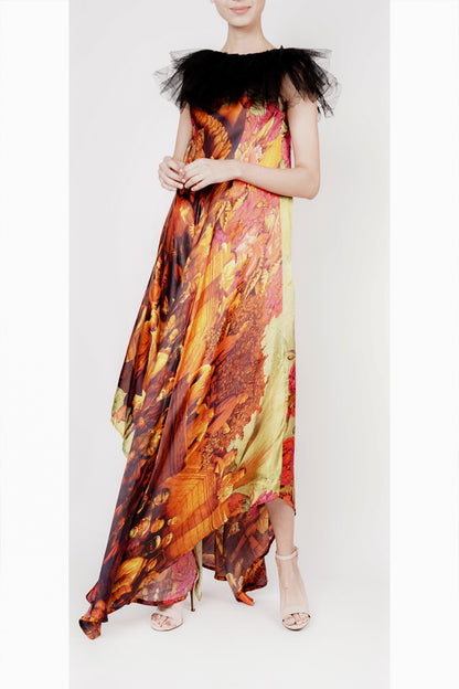 Long printed orange dress with frill