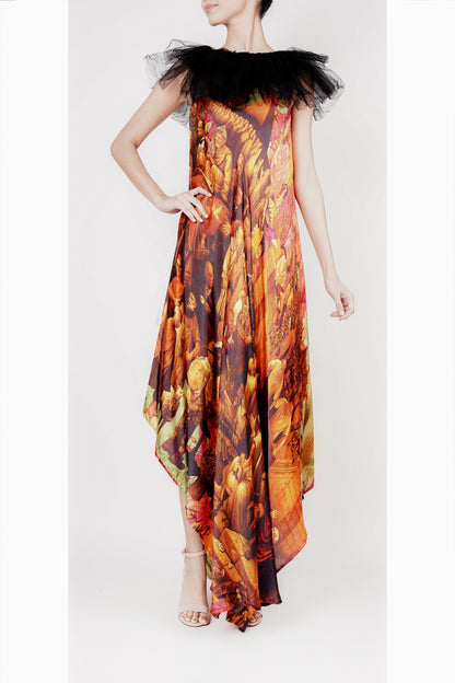 Long printed orange dress with frill