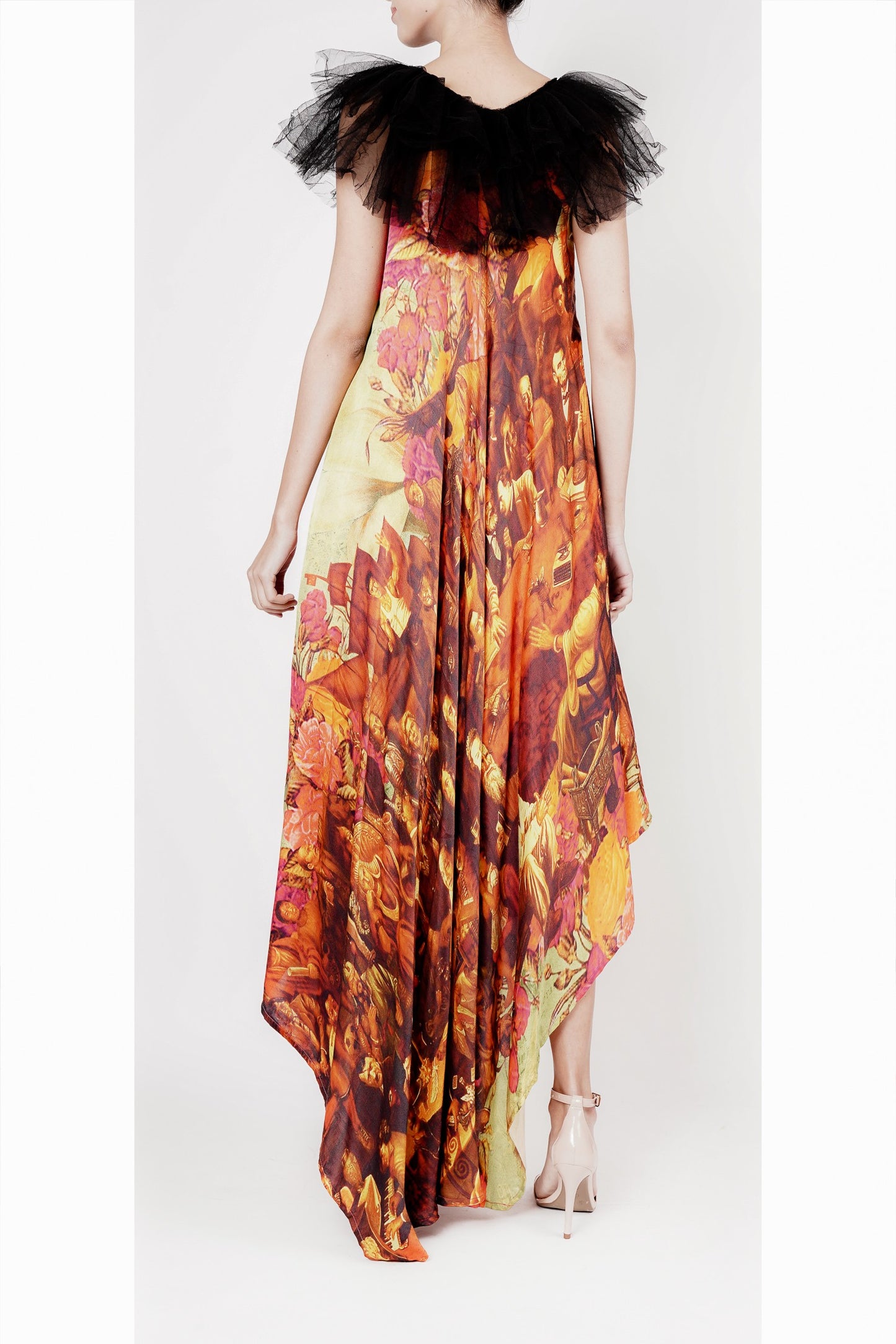 Long printed orange dress with frill