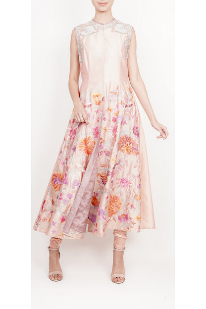 Peach floral embroidred Jacket kurta dress