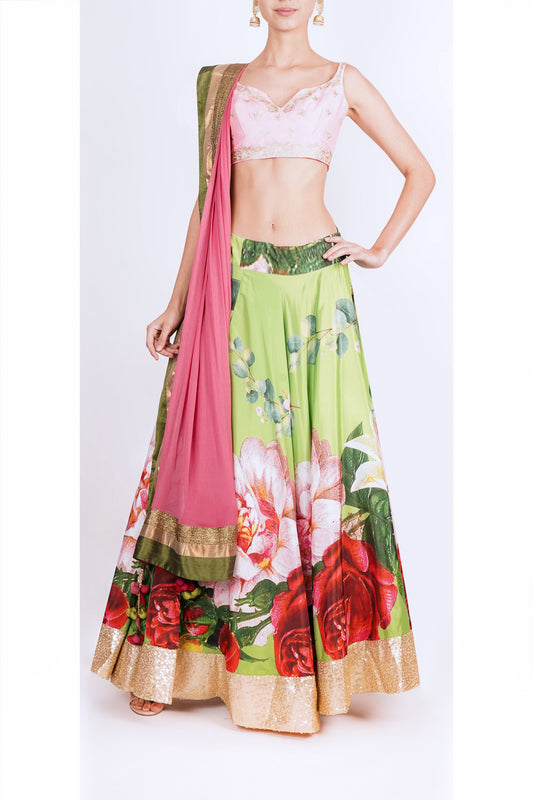 Lime green floral lehanga set